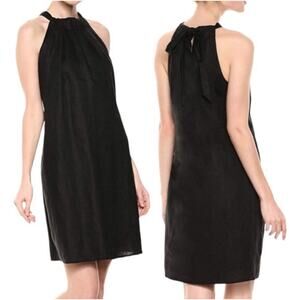 28 Palms Women Linen Shift Dress XS Black Halter Tie Neck Bow Minimalist Classic